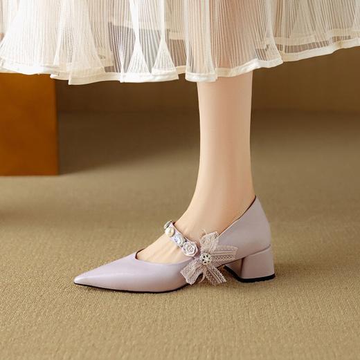 【预售5天】绝美爆款紫色羊皮V口玛丽珍鞋女蝴蝶结尖头浅口粗跟单鞋DB&M6503 商品图0