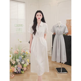 鹿向南「悠然气质」米杏色法式连衣裙女夏短袖衬衫裙长裙