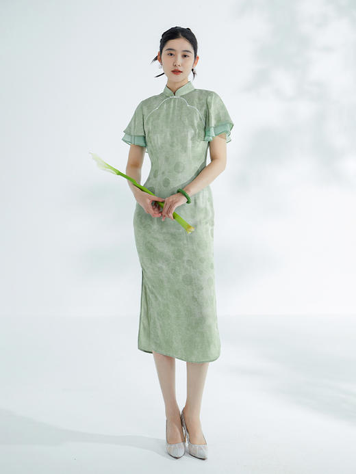 荷言GL 雅颂 浅绿色波点提花旗袍 拼接真丝波浪袖 商品图1