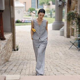 绽放女装403朵/【莫兰迪系列】亚麻色织竖条高级感马甲直筒裤套装