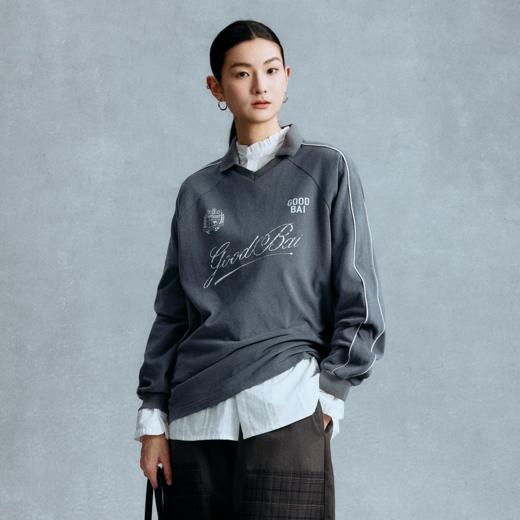 GOODBAI 粗体斜体组合logo做旧印花撞色翻领插肩长袖T恤 商品图0