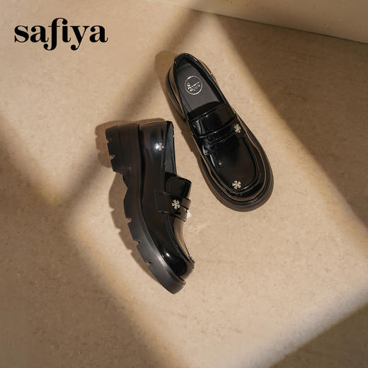 Safiya/索菲娅2025学院风钻扣漆皮百搭粗跟一脚蹬厚底乐福鞋SFD3112107 商品图9