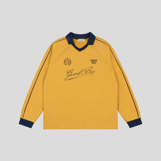 GOODBAI 粗体斜体组合logo做旧印花撞色翻领插肩长袖T恤 商品图3