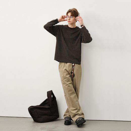 714street羊毛混纺毛巾料条纹长袖T恤男秋冬款情侣装桑蚕丝上衣女 商品图3