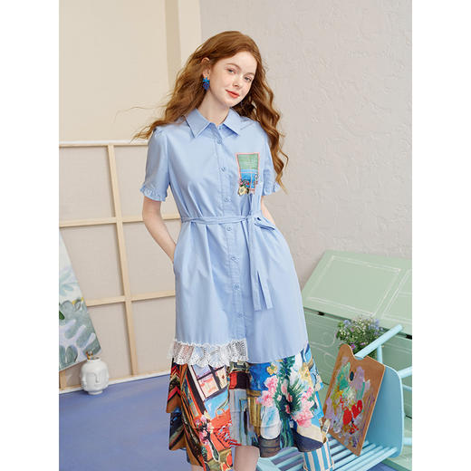 两三事 窗棂花事 2025夏季新款文艺风印花裙摆绑带衬衫裙连衣裙 商品图2