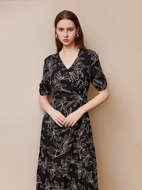 【V领系带真丝裙】25年夏季新品女士印花中长款系带收腰显瘦连衣裙