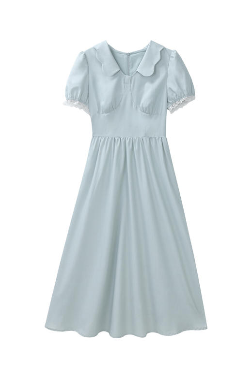 【65折秒杀】鹿向南「蓝绿逸韵」夏季新款短袖蕾丝边连衣裙女设计感收腰长裙子DYL661837 商品图2