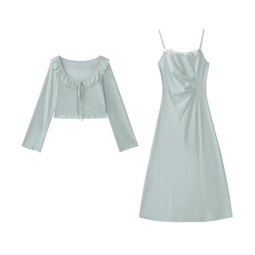 鹿向南「清野绿荷」吊带连衣裙T恤两件套女2025春季新款气质裙子 商品图1