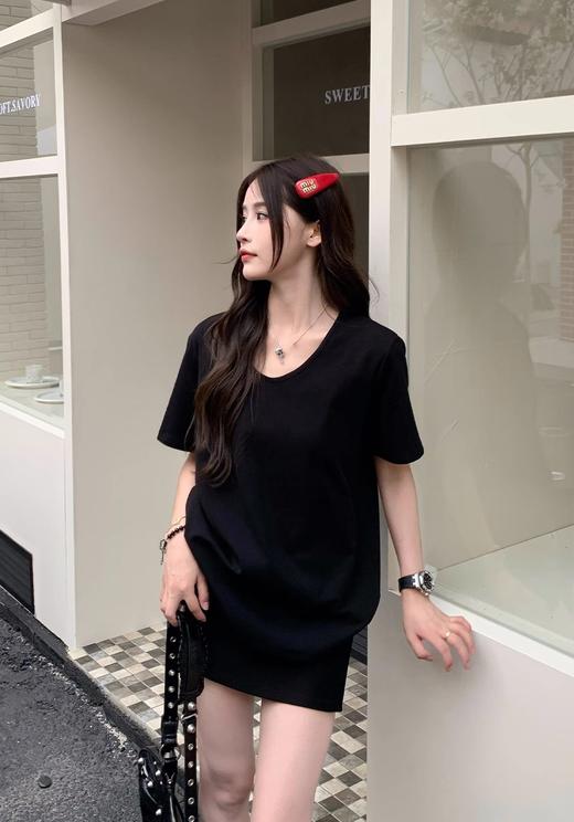 （鹅蛋领短袖T恤59元2件限时秒杀！拍2立减！时尚的尽头是极简风）短袖女t恤夏季2025新款V领宽松慵懒风大领口显瘦上衣 商品图3