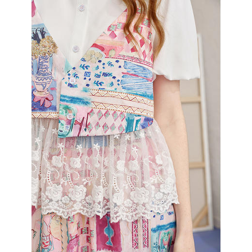 两三事甜梦艺廊2025夏新款甜美印花假两件上衣半身裙两件套女套装 商品图2