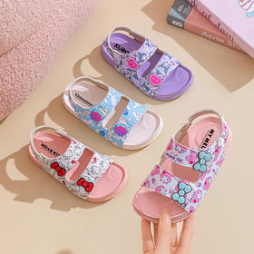 【有颜有趣，呆萌形象，好看好穿】三丽鸥夏季新款 卡通魔术扣凉鞋 女童沙滩一字凉拖鞋 中童库洛米鞋子-QA