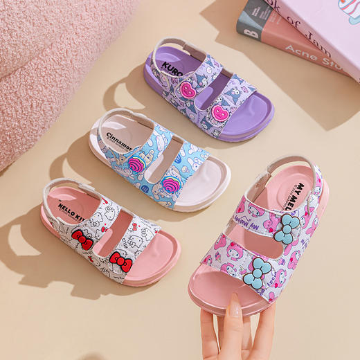 【有颜有趣，呆萌形象，好看好穿】三丽鸥夏季新款 卡通魔术扣凉鞋 女童沙滩一字凉拖鞋 中童库洛米鞋子-QA 商品图0