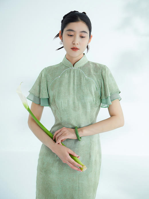 荷言GL 雅颂 浅绿色波点提花旗袍 拼接真丝波浪袖 商品图2
