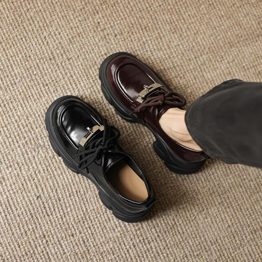 阿么手工女鞋厚底系带小皮鞋女复古百搭新款金属扣真皮乐福鞋7CM 商品图1