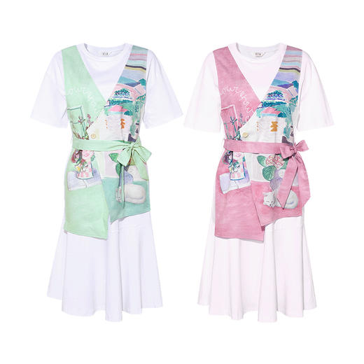 两三事 清恬假寐 2025夏季新款小清新印花拼接绑带假两件连衣裙 商品图4