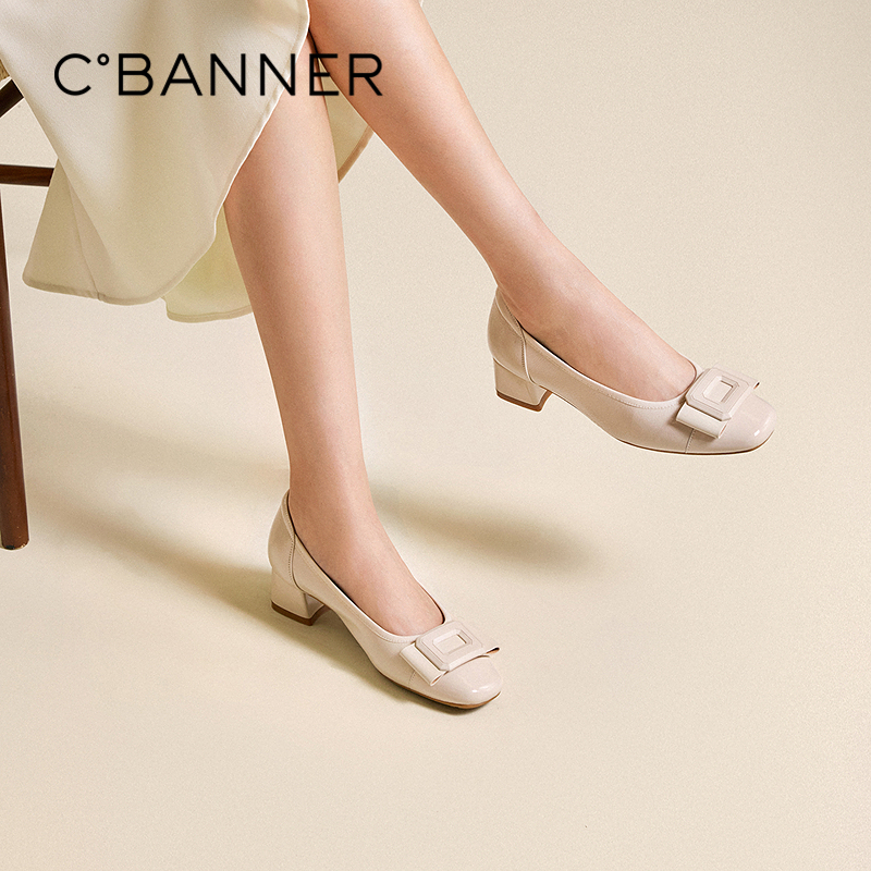 千百度扣饰漆皮浅口单鞋女粗高跟鞋通勤不累脚晚晚鞋A25490903