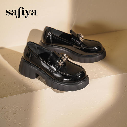 Safiya/索菲娅2025英伦风水钻百搭一脚蹬粗跟厚底增高乐福鞋SFD3112130 商品图4