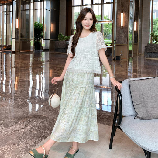 奢姿大码女装2026夏季减龄镂空印花圆领两件套胖妹妹时尚轻奢套装9952990594 商品图4