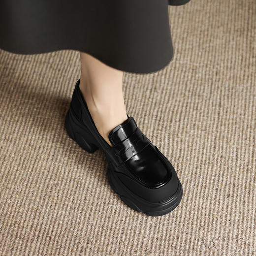 阿么手工女鞋黑色显瘦百搭乐福鞋增高不累脚7CM真皮舒适小皮鞋7CM 商品图2