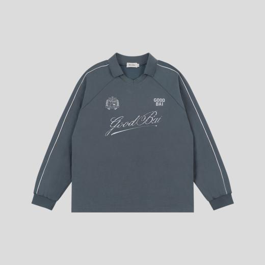 GOODBAI 粗体斜体组合logo做旧印花撞色翻领插肩长袖T恤 商品图2