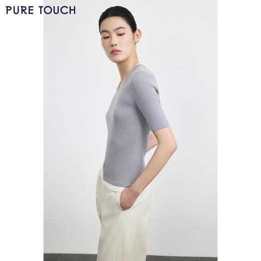 PURE TOUCH浅灰色圆领短袖修身针织上衣 商品图3
