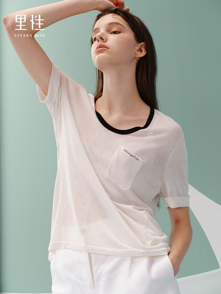 里性 LIVARY MIO 流年-Fleeting wave U领真丝针织短袖撞色半透T恤衫