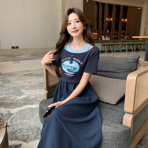 奢姿大码女装2026夏季减龄印花设计拼接裙子胖妹妹时尚休闲连衣裙9952803444 商品图0