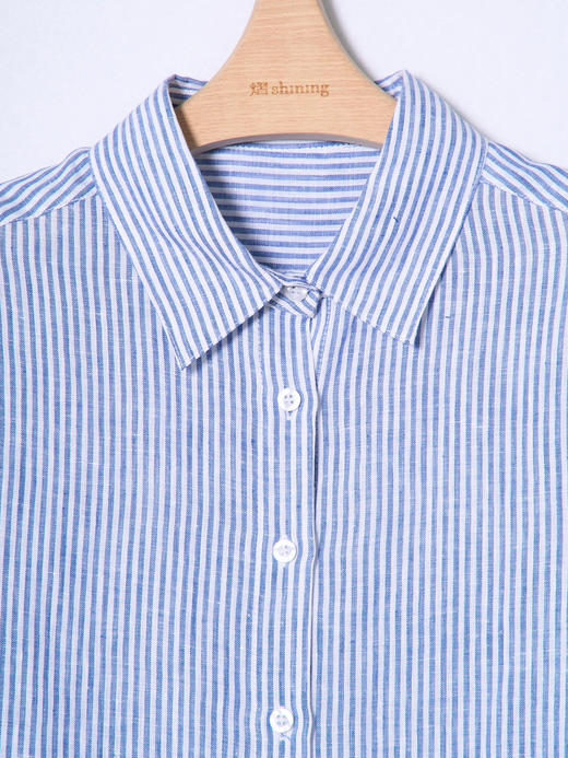 女士条纹汗麻长袖衬衣 商品图2