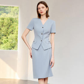 IWY/蓝色气质干练职场西装套裙女夏季薄款短袖珠宝接待工作服职业装CS2300
