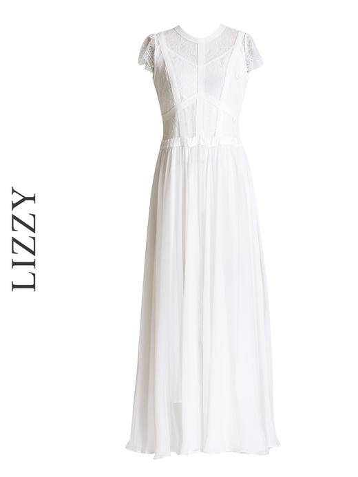 LIZZY 时尚优雅仙女风蕾丝拼接绑带设计透视短袖连衣裙5751 商品图5