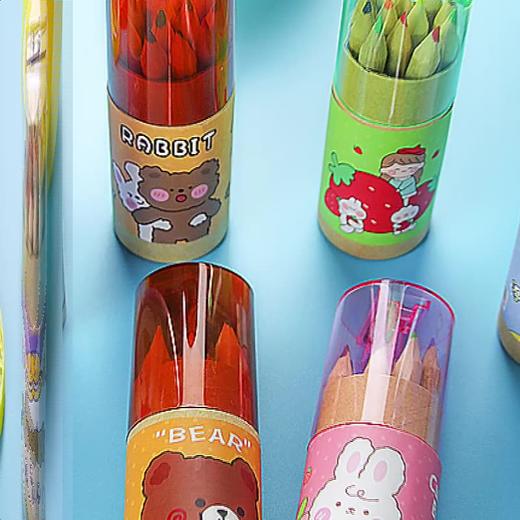 卡通儿童彩色铅笔12色绘画笔带削笔器彩铅筒套装学生文具原木铅笔 商品图1