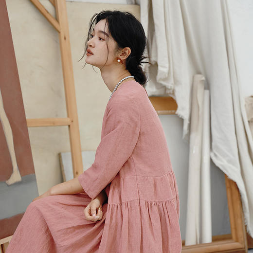 绽放417朵/【莫兰迪系列】高端酵素洗重磅色织亚麻七分袖连衣裙女 商品图1