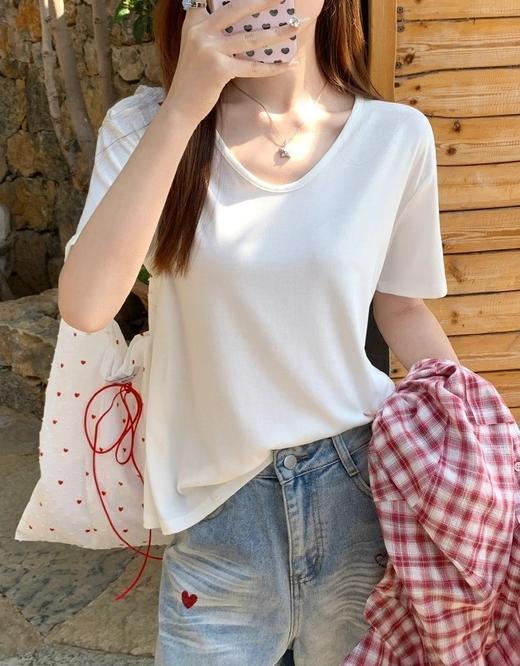 （鹅蛋领短袖T恤59元2件限时秒杀！拍2立减！时尚的尽头是极简风）短袖女t恤夏季2025新款V领宽松慵懒风大领口显瘦上衣 商品图5