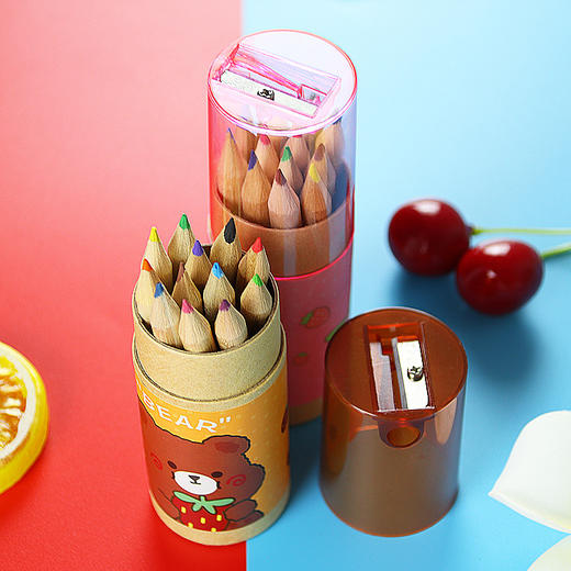 卡通儿童彩色铅笔12色绘画笔带削笔器彩铅筒套装学生文具原木铅笔 商品图0