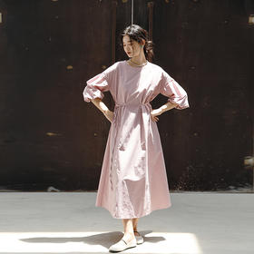 绽放旅行女装414朵/【莫兰迪系列】水洗长绒棉落肩灯笼袖连衣裙夏