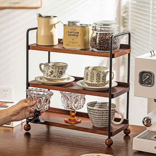 摩登主妇实木杯架杯子收纳置物架中古风轻奢咖啡杯水杯餐桌整理架 商品图1