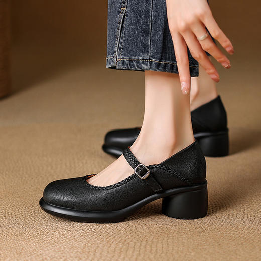 【预售5天】新款羊皮单鞋女法式粗跟软底一字扣带圆头中跟玛丽珍鞋不累脚DPJ&2982 商品图1