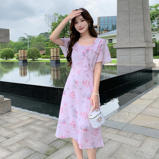 奢姿大码女装2025夏季减龄荷叶边方领连衣裙胖妹妹碎花时尚裙子9952858492 商品图4