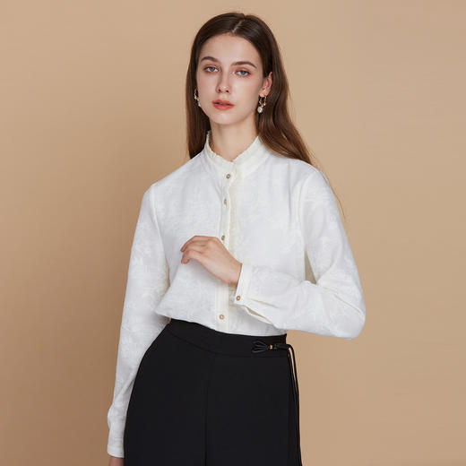 EITIE爱特爱精致木耳边直筒新中式立领暗纹衬衫上衣2025秋季新款C2509816 商品图2