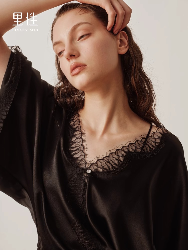 里性 LIVARY MIO 暗影 真丝蕾丝拼接系带睡袍睡裤可外穿家居服套装