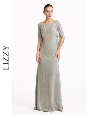 LIZZY优雅轻奢修身显瘦披肩式派对礼服宴会婚庆派对长款连衣裙7189