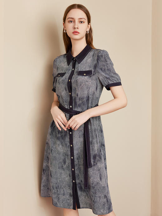 【衬衫款真丝裙】25年夏季新品女士100%桑蚕丝中长款系带收腰连衣裙 商品图0