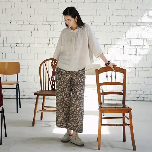 绽放464朵/【莫兰迪系列】高支亚麻印花拼色九分裤女 商品图1