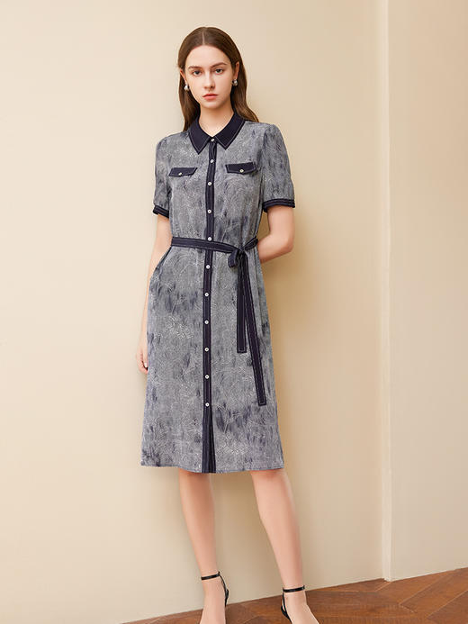 【衬衫款真丝裙】25年夏季新品女士100%桑蚕丝中长款系带收腰连衣裙 商品图2