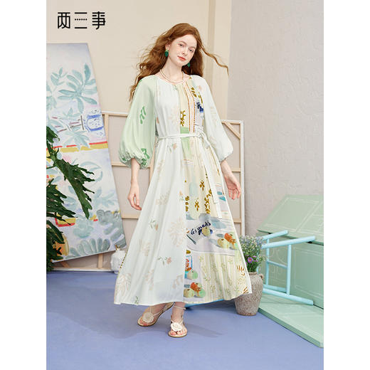 两三事 花影轻斜 2025夏季新品森女风印花布拼接绑带灯笼袖连衣裙 商品图0