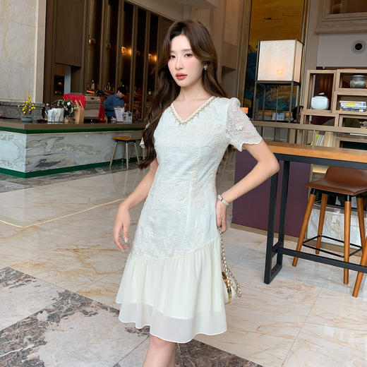 奢姿大码女装夏季减龄荷叶边拼接连衣裙胖妹妹时尚V领裙子9952890553 商品图2