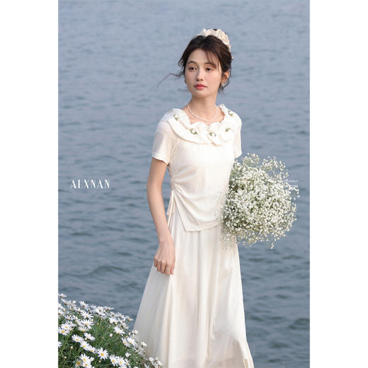 鹿向南「初茶绽蕊」杏色斜领露肩短袖假两件连衣裙女夏季收腰长裙DYL661746 商品图0