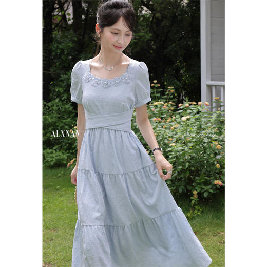 鹿向南「琉璃海岸」蓝色法式短袖连衣裙女夏季收腰长裙气质a字裙 商品图4