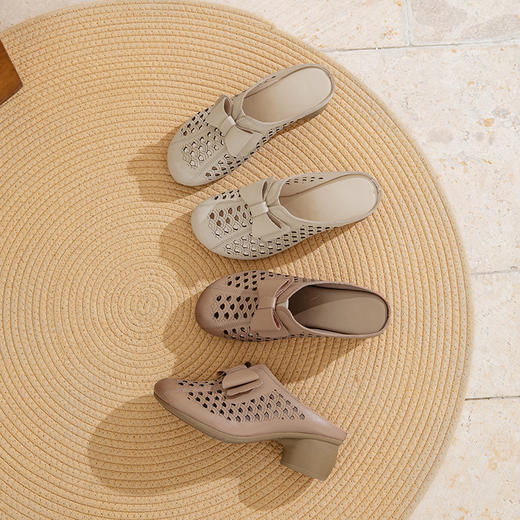 MLD 88633拖鞋真皮镂空粗高跟鞋民族风花朵包头凉拖 商品图2