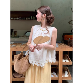 【AUChris山茶梨香新中式气质套装】上衣中式盘扣+胸前褶皱世设计 奶油黄颜色巨显白 高腰+垂坠阔腿 遮肉又藏胯